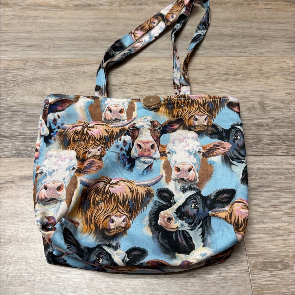 11” x 81/2” Small Lined With a Pocket Tote Bag - Cow Themed Handmade.